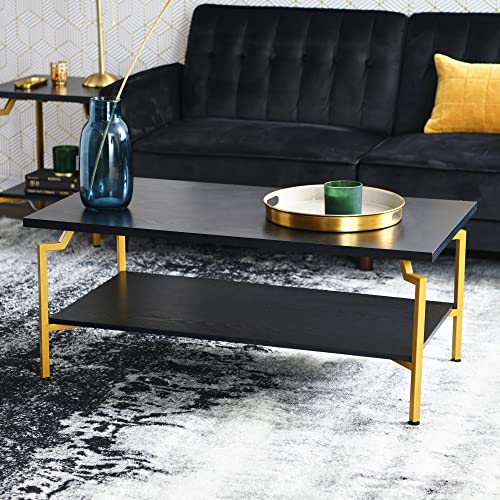 Household Essentials Crown Rectangular Coffee Table with Storage Shelf Black Oak Wood Grain and Gold Metal