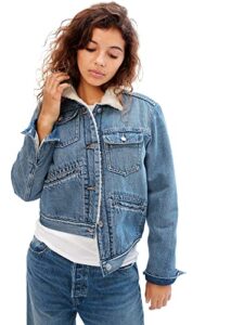 gap womens sherpa icon denim jacket, medium wash, x-large us