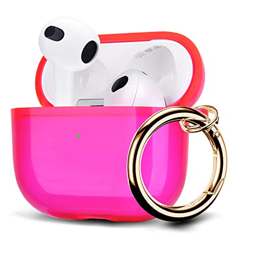 AIRSPO Airpods 3 Case Cover, Clear Soft TPU Protective Cover Compatible with Apple AirPods 3rd Generation Wireless Charging Case with Keychain (Neon Hot Pink)