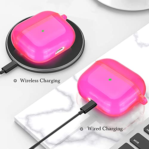 AIRSPO Airpods 3 Case Cover, Clear Soft TPU Protective Cover Compatible with Apple AirPods 3rd Generation Wireless Charging Case with Keychain (Neon Hot Pink)