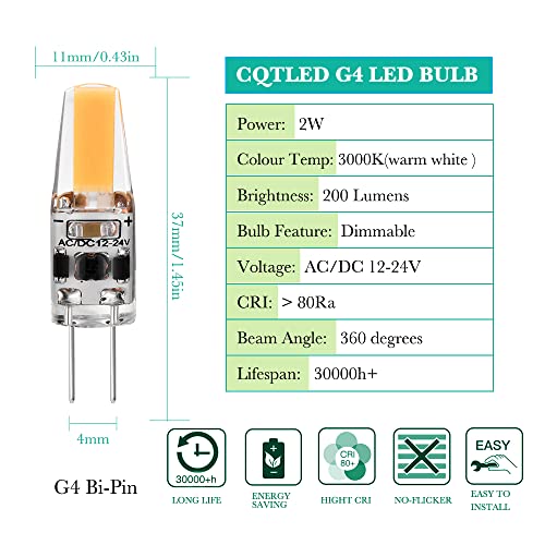 G4 Led Bulb Dimmable 2W Warm White 3000K,AC/DC12V-24V 1505 COB Led Light Bulbs Equivalent to 20W T3 JC Type Bi-Pin G4 Base Halogen Bulb(6 Pack)