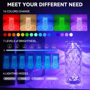 ZCWZMW Crystal Lamp Rechargeable Crystal Table Lamp with Touch Control Crystal Rose Lamp, 16 Colors Changing Lamp Night Light Rose Diamond Table Lamp for Nightstand, Living Room, Bedroom, Party