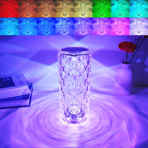 ZCWZMW Crystal Lamp Rechargeable Crystal Table Lamp with Touch Control Crystal Rose Lamp, 16 Colors Changing Lamp Night Light Rose Diamond Table Lamp for Nightstand, Living Room, Bedroom, Party