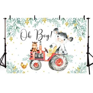 ABLIN 10x7ft Holy Cow Baby Shower Backdrop for Boy Spring Theme Oh Boy Baby Shower Party Decorations Banner Green Leaves Red Tractor Photography Background Photo Shoot Props