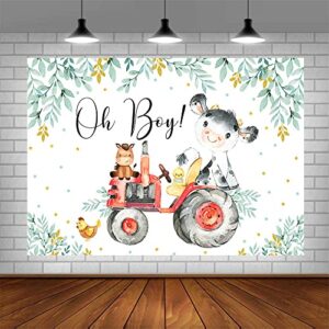 ABLIN 10x7ft Holy Cow Baby Shower Backdrop for Boy Spring Theme Oh Boy Baby Shower Party Decorations Banner Green Leaves Red Tractor Photography Background Photo Shoot Props