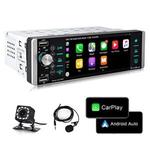 single din car stereo compatible with apple carplay & android auto, meteeser 5.1 inch bluetooth backup camera, touch screen radio support fm/mirror link/swc/usb/dvr/aux-in