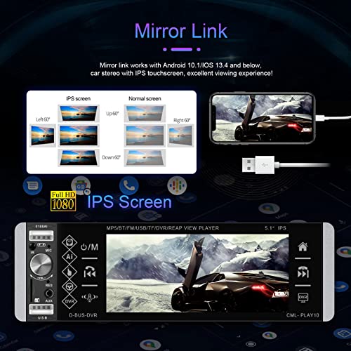 Single Din Car Stereo Compatible with Apple Carplay & Android Auto, METEESER 5.1 Inch Bluetooth Backup Camera, Touch Screen Radio Support FM/Mirror Link/SWC/USB/DVR/AUX-in