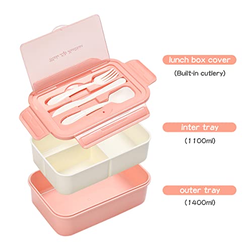 TGGDGG Bento Boxes for Adults - 1400 ML Bento Lunch Box for Kids Children with Spoon & Fork, Lunch Containers Durable with Compartments Sauce Container for On-the-Go Meal, Food-Safe Materials (Pink)