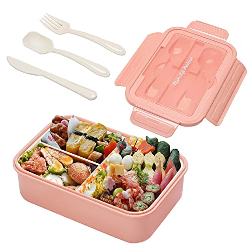 TGGDGG Bento Boxes for Adults - 1400 ML Bento Lunch Box for Kids Children with Spoon & Fork, Lunch Containers Durable with Compartments Sauce Container for On-the-Go Meal, Food-Safe Materials (Pink)