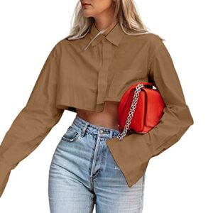 safrisior women solid button down turn down collar crop shirt long sleeve loose aesthetic irregular crop blouse tee top