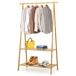 giantex 2-tier bamboo clothing rack, 5.3ft freestanding clothes organizer rack with anti-tipping devices, cloth hanger standing rack with bottom storage shelves, garment racks for hanging clothes