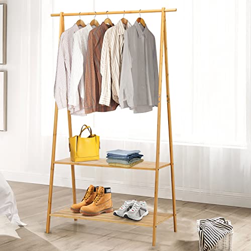 Giantex 2-Tier Bamboo Clothing Rack, 5.3Ft Freestanding Clothes Organizer Rack with Anti-tipping Devices, Cloth Hanger Standing Rack with Bottom Storage Shelves, Garment Racks for Hanging Clothes