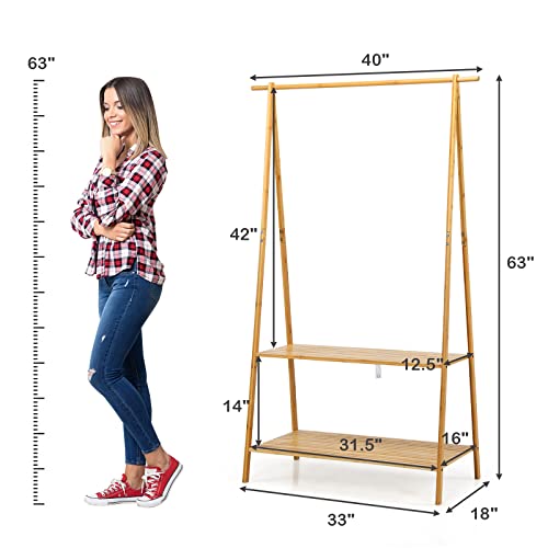 Giantex 2-Tier Bamboo Clothing Rack, 5.3Ft Freestanding Clothes Organizer Rack with Anti-tipping Devices, Cloth Hanger Standing Rack with Bottom Storage Shelves, Garment Racks for Hanging Clothes