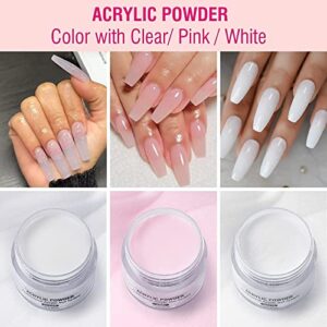 Acrylic Nail Kit Acrylic Powder and Liquid Set, Monomer Liquid Set with Nail Brush, Pink White Clear Nail Powder Kit for Acrylic Nails Extension Beginner Set