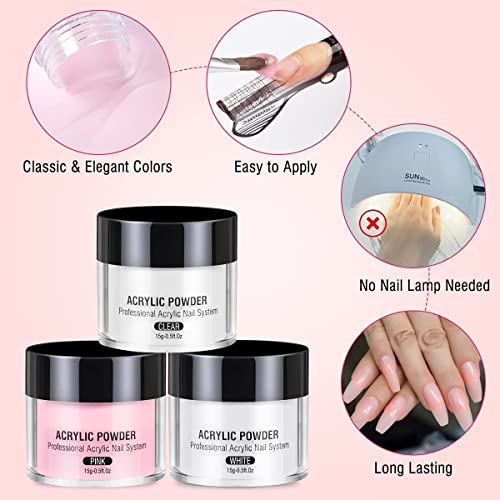 Acrylic Nail Kit Acrylic Powder and Liquid Set, Monomer Liquid Set with Nail Brush, Pink White Clear Nail Powder Kit for Acrylic Nails Extension Beginner Set