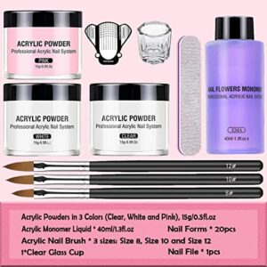 Acrylic Nail Kit Acrylic Powder and Liquid Set, Monomer Liquid Set with Nail Brush, Pink White Clear Nail Powder Kit for Acrylic Nails Extension Beginner Set