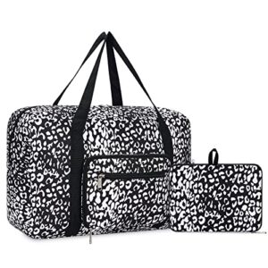 for spirit airlines personal item bag 18x14x8 foldable travel duffel bag tote carry on luggage for women and men (black leopard)