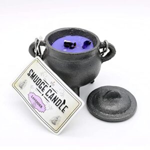 reusable 4" cast iron cauldron candle with lid and hanging handle for spell casting, smudging, ritual & blessings pot belly witchcraft candle aromatherapy (lavender)