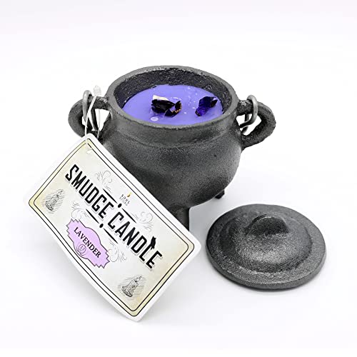 Reusable 4" Cast Iron Cauldron Candle with Lid and Hanging Handle for Spell Casting, Smudging, Ritual & Blessings Pot Belly Witchcraft Candle Aromatherapy (Lavender)