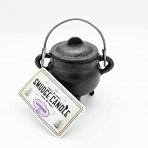 Reusable 4" Cast Iron Cauldron Candle with Lid and Hanging Handle for Spell Casting, Smudging, Ritual & Blessings Pot Belly Witchcraft Candle Aromatherapy (Lavender)