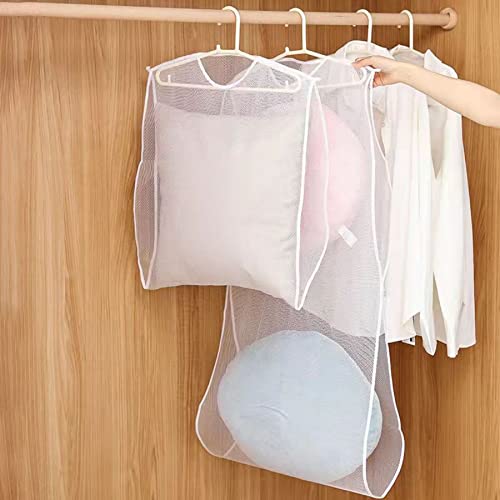 Mesh Pillow Toy Clothes Rack Foldable Doll Clothes Rack Balcony Clothes Dryer Wardrobe Cushion Storage Bag 2pack (L, White)