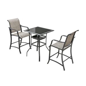 lokatse home patio bar set 3 piece counter height stools glass top tempered tesilin conversation dining furniture, grey