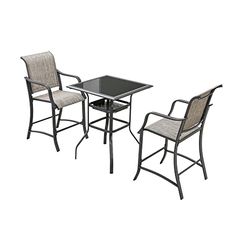 LOKATSE HOME Patio Bar Set 3 Piece Counter Height Stools Glass Top Tempered Tesilin Conversation Dining Furniture, Grey