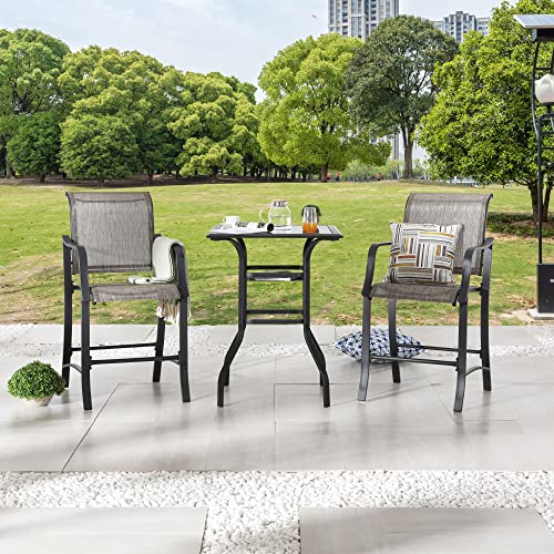 LOKATSE HOME Patio Bar Set 3 Piece Counter Height Stools Glass Top Tempered Tesilin Conversation Dining Furniture, Grey