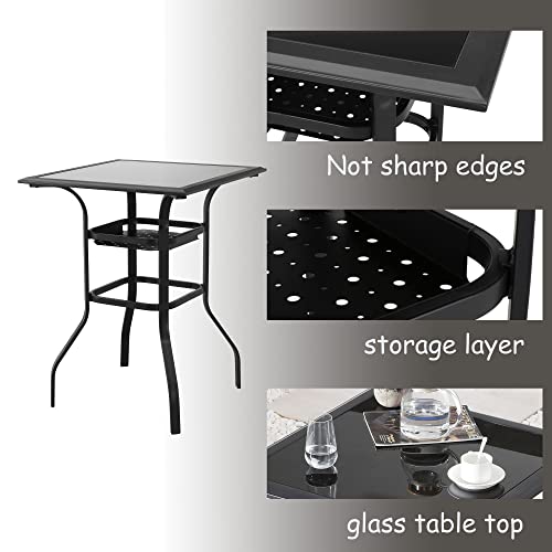 LOKATSE HOME Patio Bar Set 3 Piece Counter Height Stools Glass Top Tempered Tesilin Conversation Dining Furniture, Grey