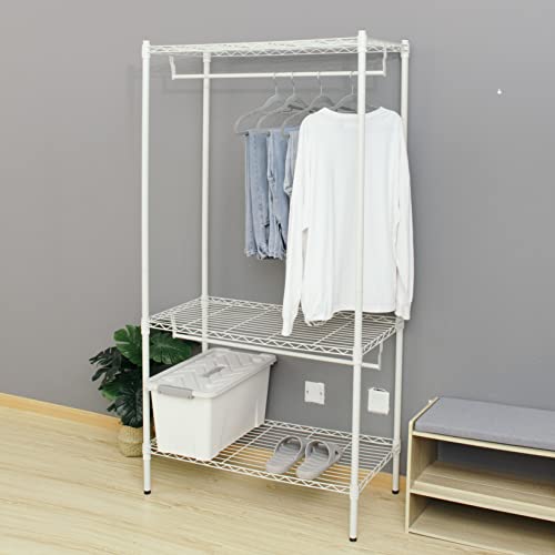 BechUbre 3-Tier Metal Hanging Storage Organizer Rack Wardrobe with Shelves, Extra Wide Clothes Rack Wire Shelving Garment Clothing Rack with Hanging Rods, White