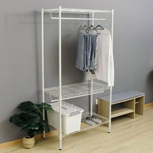 BechUbre 3-Tier Metal Hanging Storage Organizer Rack Wardrobe with Shelves, Extra Wide Clothes Rack Wire Shelving Garment Clothing Rack with Hanging Rods, White