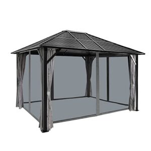 GARTOO 10' x 12' Patio Hardtop Gazebo - Outdoor Metal Hard Top with Fully Enclosed Zip Curtain & Breathable Mesh, Galvanized Steel Top Gazebo for Garden, Lawn, Outdoor Party (Black)