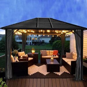 gartoo 10' x 12' patio hardtop gazebo - outdoor metal hard top with fully enclosed zip curtain & breathable mesh, galvanized steel top gazebo for garden, lawn, outdoor party (black)