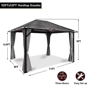 GARTOO 10' x 12' Patio Hardtop Gazebo - Outdoor Metal Hard Top with Fully Enclosed Zip Curtain & Breathable Mesh, Galvanized Steel Top Gazebo for Garden, Lawn, Outdoor Party (Black)