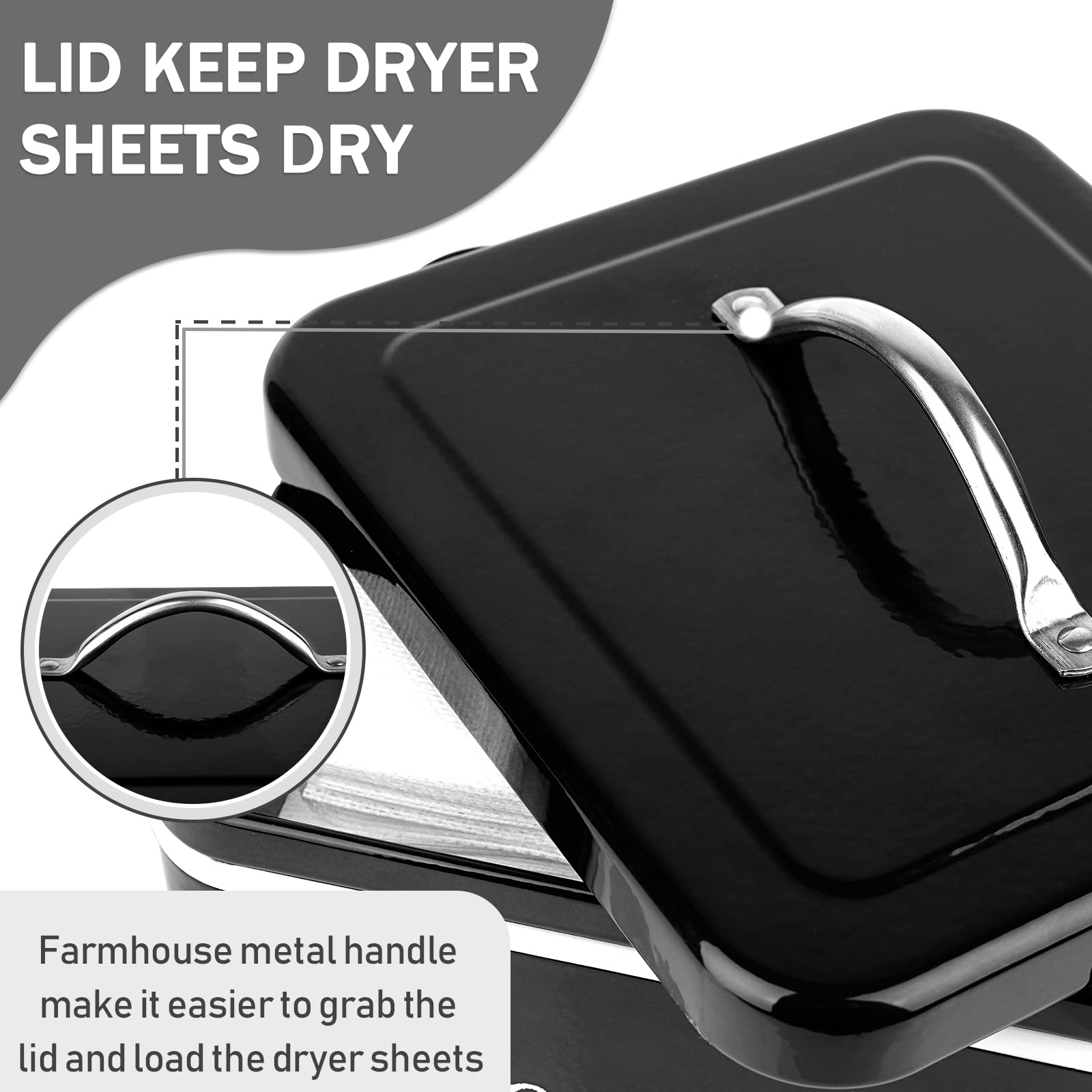 Creproly Dryer Sheet Holder Dispenser Farmhouse Metal Dryer Sheet Container with Lid for Laundry Room Decor and Space Saving Laundry Room Organization and Storage (Black)