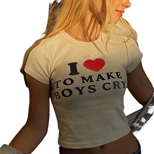 Women Girls Y2K Crop Top Letter Print Baby Tees Grunge T-Shirt White S