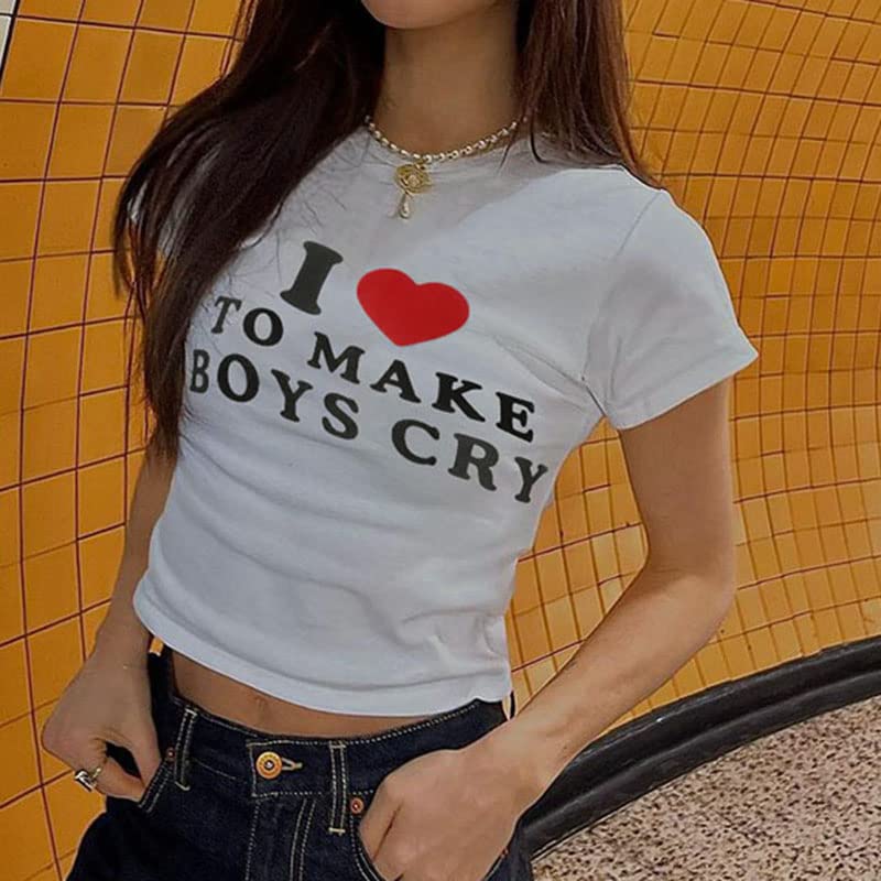 Women Girls Y2K Crop Top Letter Print Baby Tees Grunge T-Shirt White S