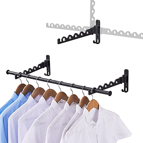 MISSMIN 3-way Foldable Clothes Rack with 31 inch rod - 2 Pack Wall Mounted Retractable Clothes Hanger Drying Rack for Laundry Room Closet Storage Organization, Black