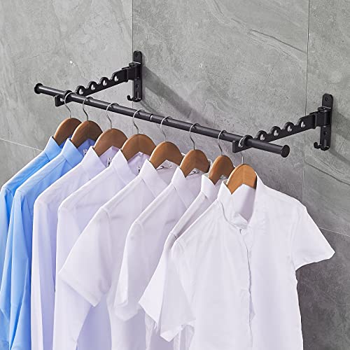 MISSMIN 3-way Foldable Clothes Rack with 31 inch rod - 2 Pack Wall Mounted Retractable Clothes Hanger Drying Rack for Laundry Room Closet Storage Organization, Black