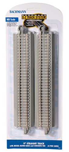 Bachmann Trains - Snap-Fit E-Z Track® 9” Straight Track (4/Card) - Nickel Silver Rail with Cponcrete Ties on Gray Roadbed - HO Scale (44711)