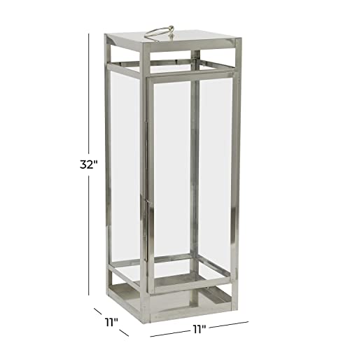 Deco 79 Stainless Steel Pillar Candle Lantern, 11" x 11" x 32", Silver