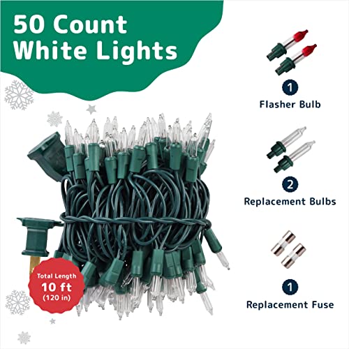 PREXTEX Christmas Lights (10 Feet, 50 Lights) - Clear White Christmas Tree Lights with Green Wire - Indoor/Outdoor String Lights - Warm White Twinkle Lights - Fairy Lights - Christmas String Lights