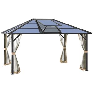 outsunny 12' x 14' hardtop gazebo canopy with polycarbonate sngle roof, outdoor gazebo with sidewalls for patio, garden, backyard, deck, gray and brown