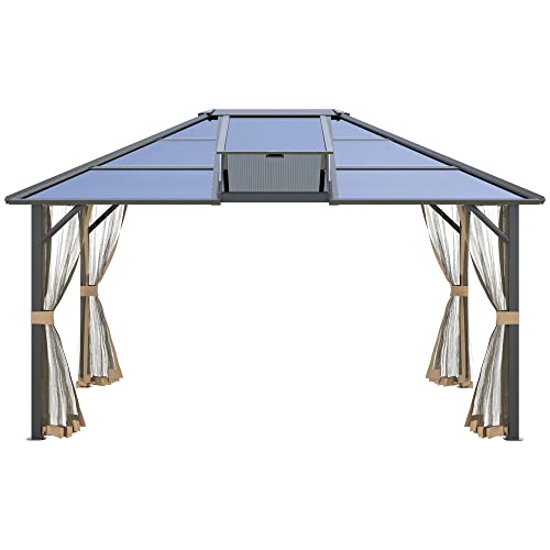 Outsunny 12' x 14' Hardtop Gazebo Canopy with Polycarbonate Sngle Roof, Outdoor Gazebo with Sidewalls for Patio, Garden, Backyard, Deck, Gray and Brown