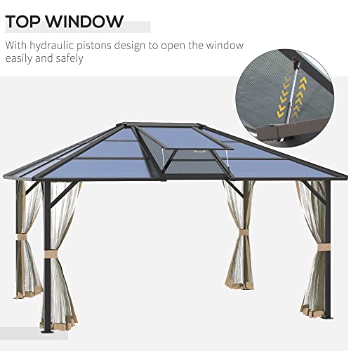 Outsunny 12' x 14' Hardtop Gazebo Canopy with Polycarbonate Sngle Roof, Outdoor Gazebo with Sidewalls for Patio, Garden, Backyard, Deck, Gray and Brown