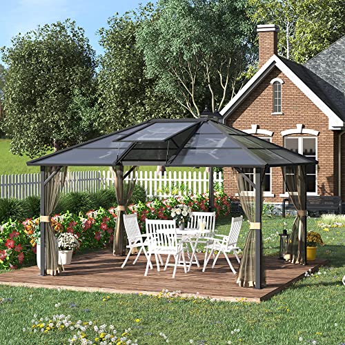 Outsunny 12' x 14' Hardtop Gazebo Canopy with Polycarbonate Sngle Roof, Outdoor Gazebo with Sidewalls for Patio, Garden, Backyard, Deck, Gray and Brown