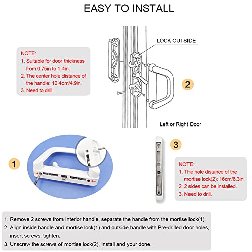 Sliding Patio Door Handle Set with Mortise Lock, Suitable for Sliding Glass Patio Door Thickness from 0.75in to 1.4in, 4-15/16" Screw Holes, Lock Outside, Reversible Design, Non-Keyed, White