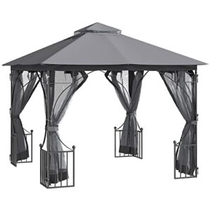outsunny 10' x 10' patio gazebo, double roof outdoor gazebo canopy shelter with netting, steel corner frame for garden, lawn, backyard and deck, dark gray