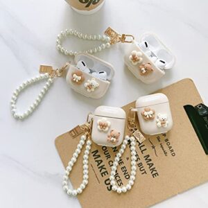 Cute AirPod Case Cartoon Lovely Bear Design with Pearl Chain Soft Protective Cover Compatible with AirPods 2 & 1 Generation for Women and Girls (Brown)