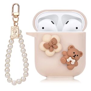cute airpod case cartoon lovely bear design with pearl chain soft protective cover compatible with airpods 2 & 1 generation for women and girls (brown)